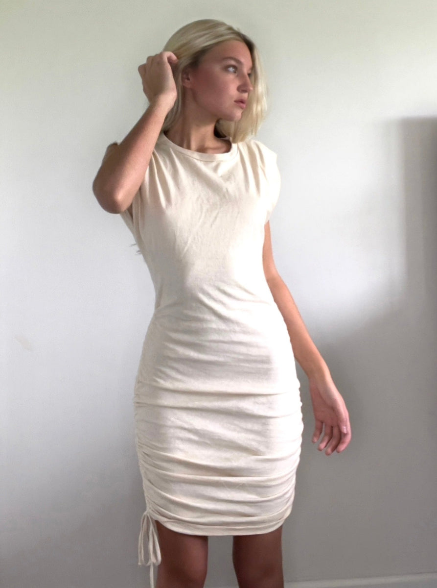 Over and Over Beige Ribbed Drawstring Ruched Bodycon Dress