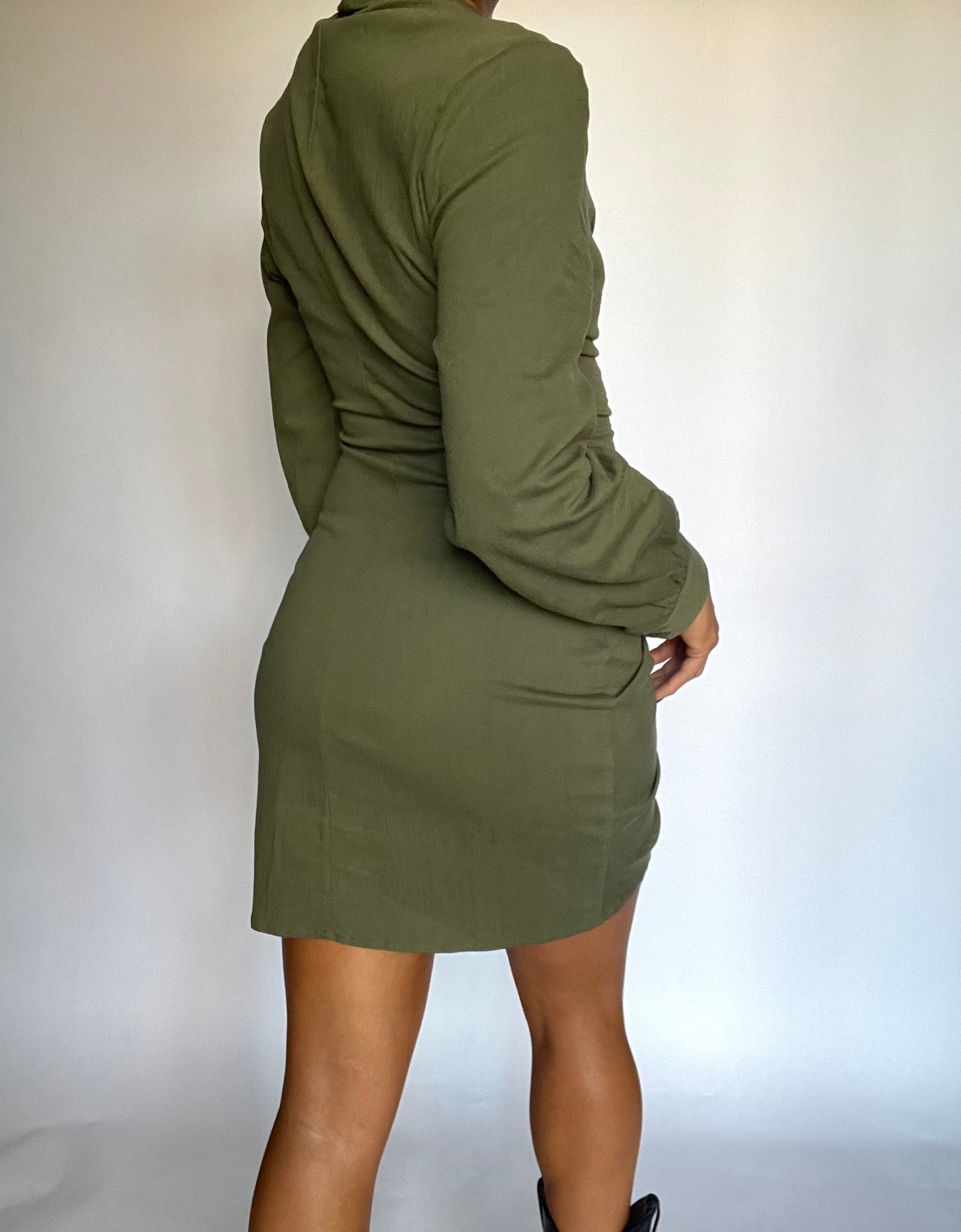 Olive Shirred Woven Dress - HOKIIS