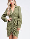 Olive Shirred Woven Dress - hokiis