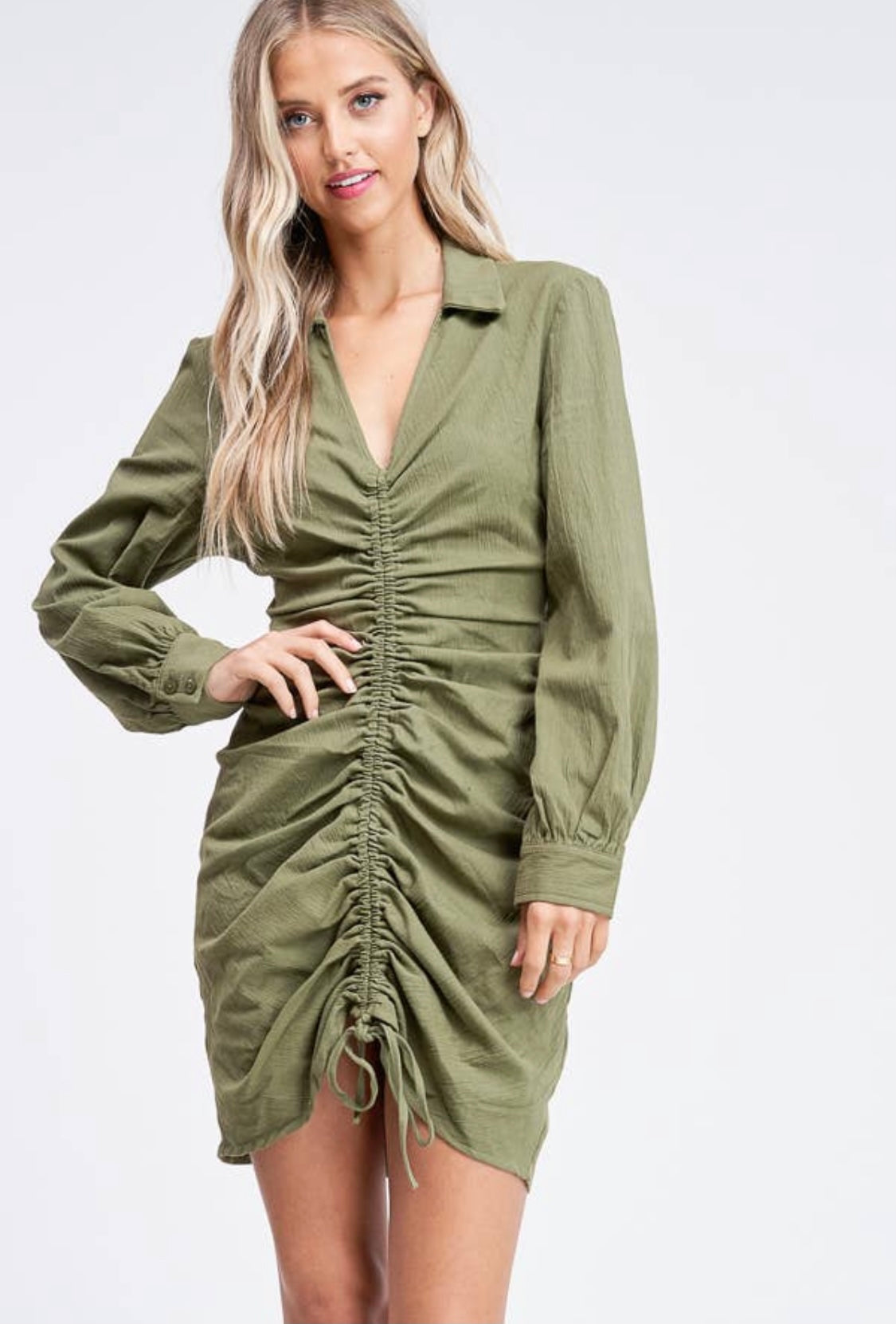 Olive Shirred Woven Dress - hokiis