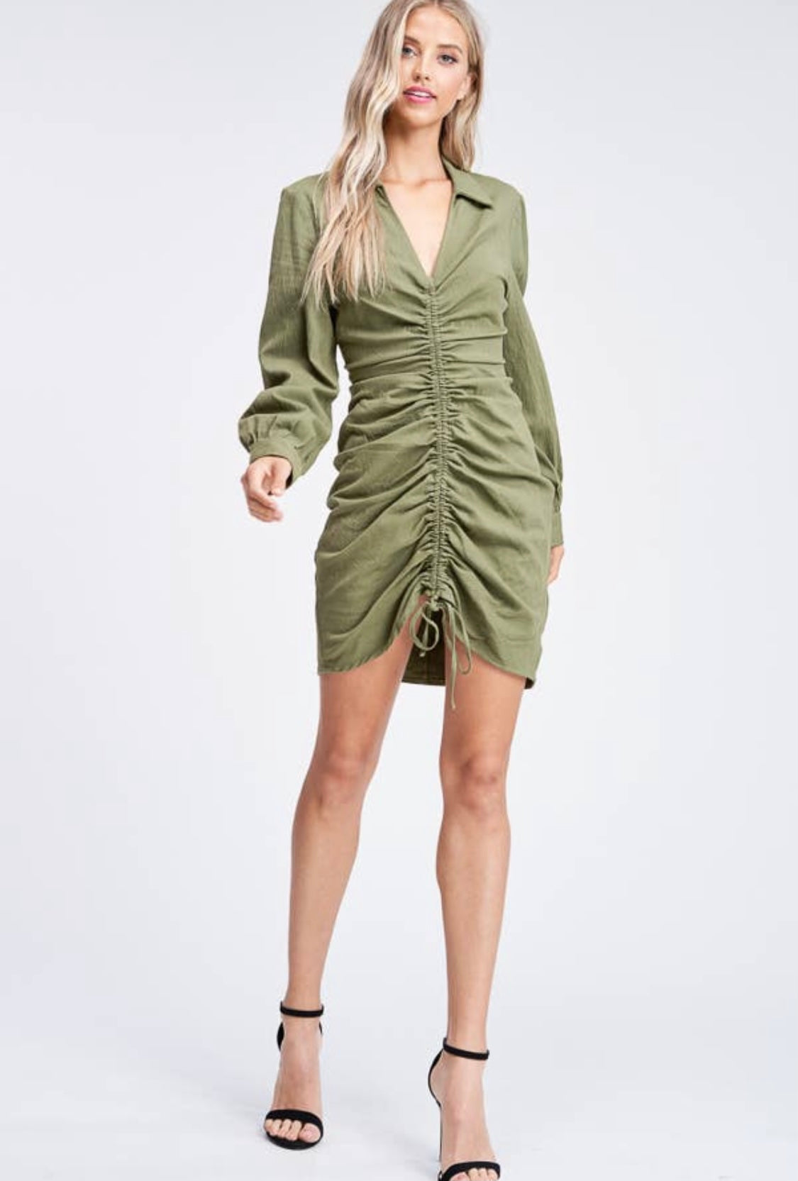 Olive Shirred Woven Dress - hokiis