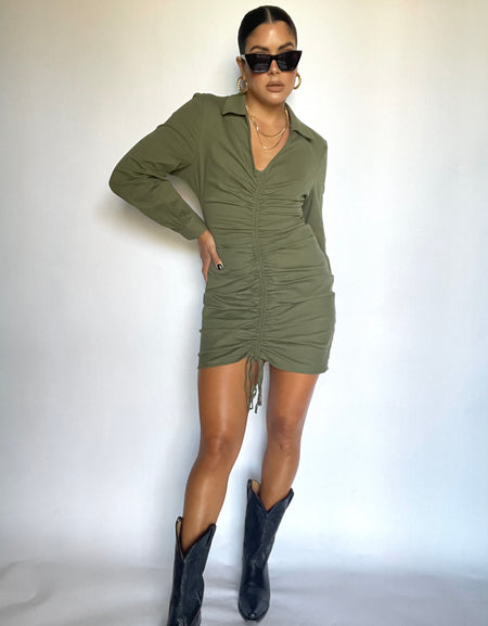 Olive Shirred Woven Dress - HOKIIS