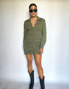 Olive Shirred Woven Dress - HOKIIS