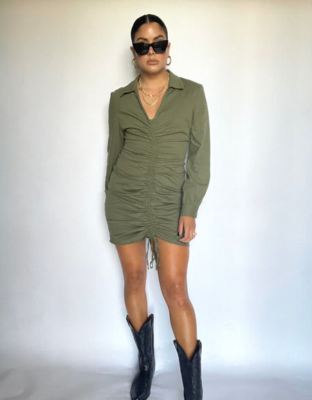 Olive Shirred Woven Dress - HOKIIS