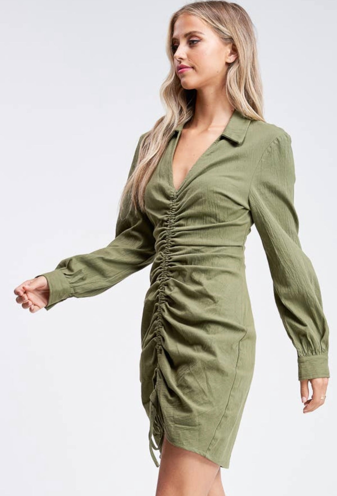 Olive Shirred Woven Dress - hokiis