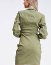 Olive Shirred Woven Dress - hokiis